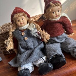 Vintage Scandinavian- style collectible dolls- Porcelain with Clothes And Skiing